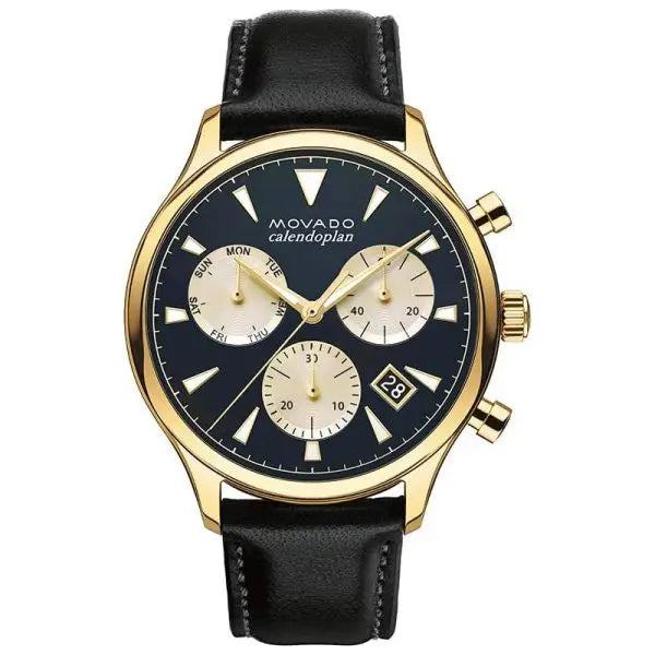 Movado Men’s Swiss Made Quartz Black Leather Strap Navy Blue Dial 43mm Watch 3650006