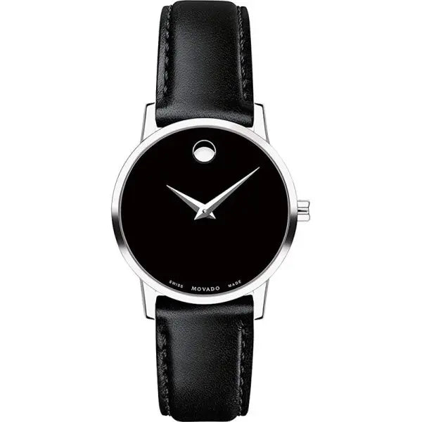 Movado Women’s Swiss Made Quartz Black Leather Strap Black Dial 28mm Watch 607274