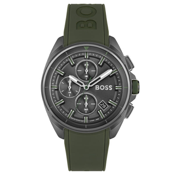 Hugo Boss Men’s Quartz Green Silicone Strap Grey Dial 44mm Watch 1513952