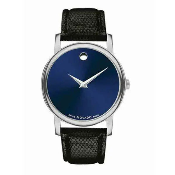 Movado Men’s Swiss Made Quartz Black Leather Strap Blue Dial 39mm Watch 2100009