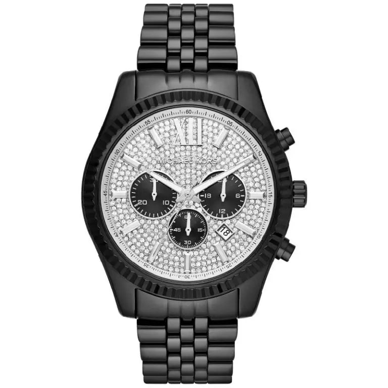 Michael Kors Men’s Quartz Lexington Chronograph Black Stainless Steel Silver Dial 45mm Watch MK8605