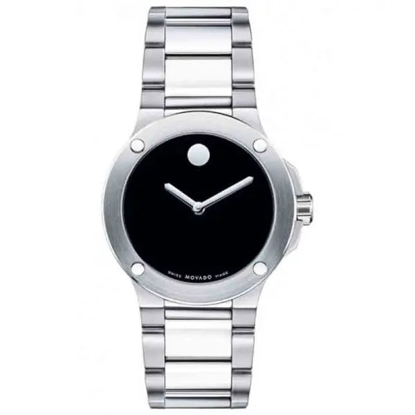 Movado Women’s Quartz Swiss Made Silver Stainless Steel Black Dial 35mm Watch 606292