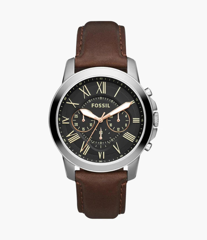 Fossil Men’s Quartz Chronograph Brown Leather Strap Black Dial 44mm Watch FS4813