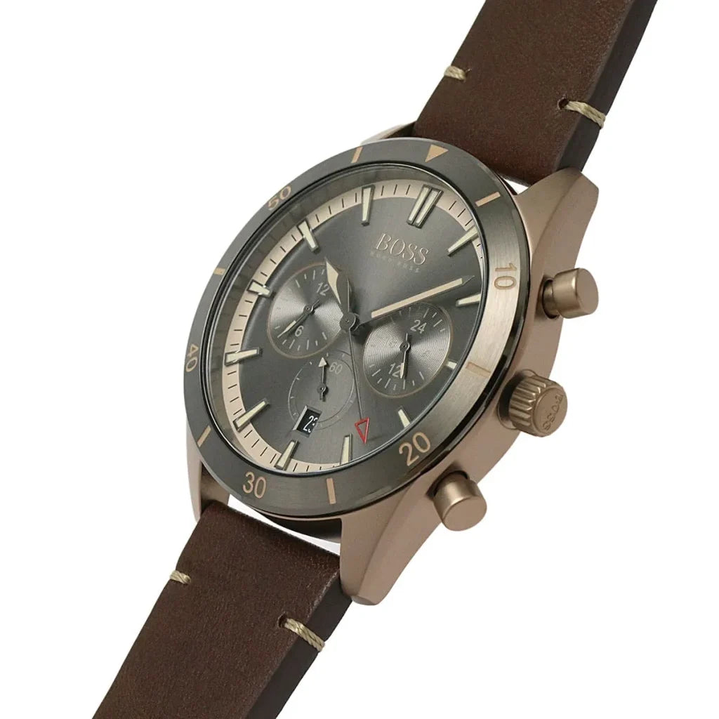 Hugo Boss Men’s Chronograph Quartz Brown Leather Strap Grey Dial 44mm Watch 1513861