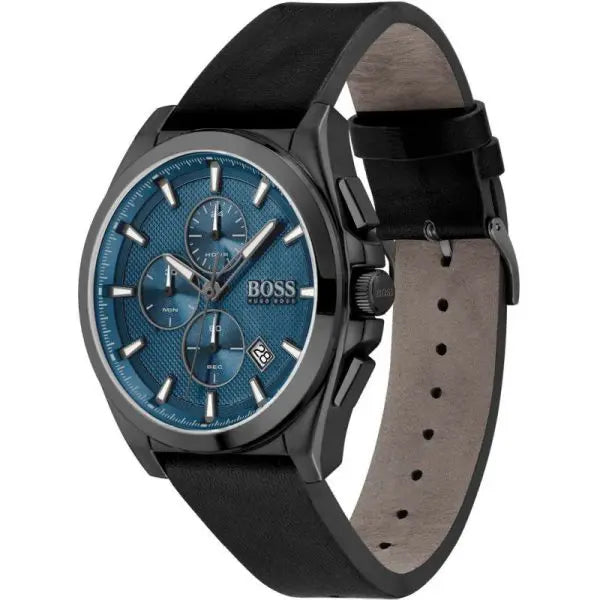 Hugo Boss Men’s Quartz Black Leather Strap Blue Dial 46mm Watch 151388