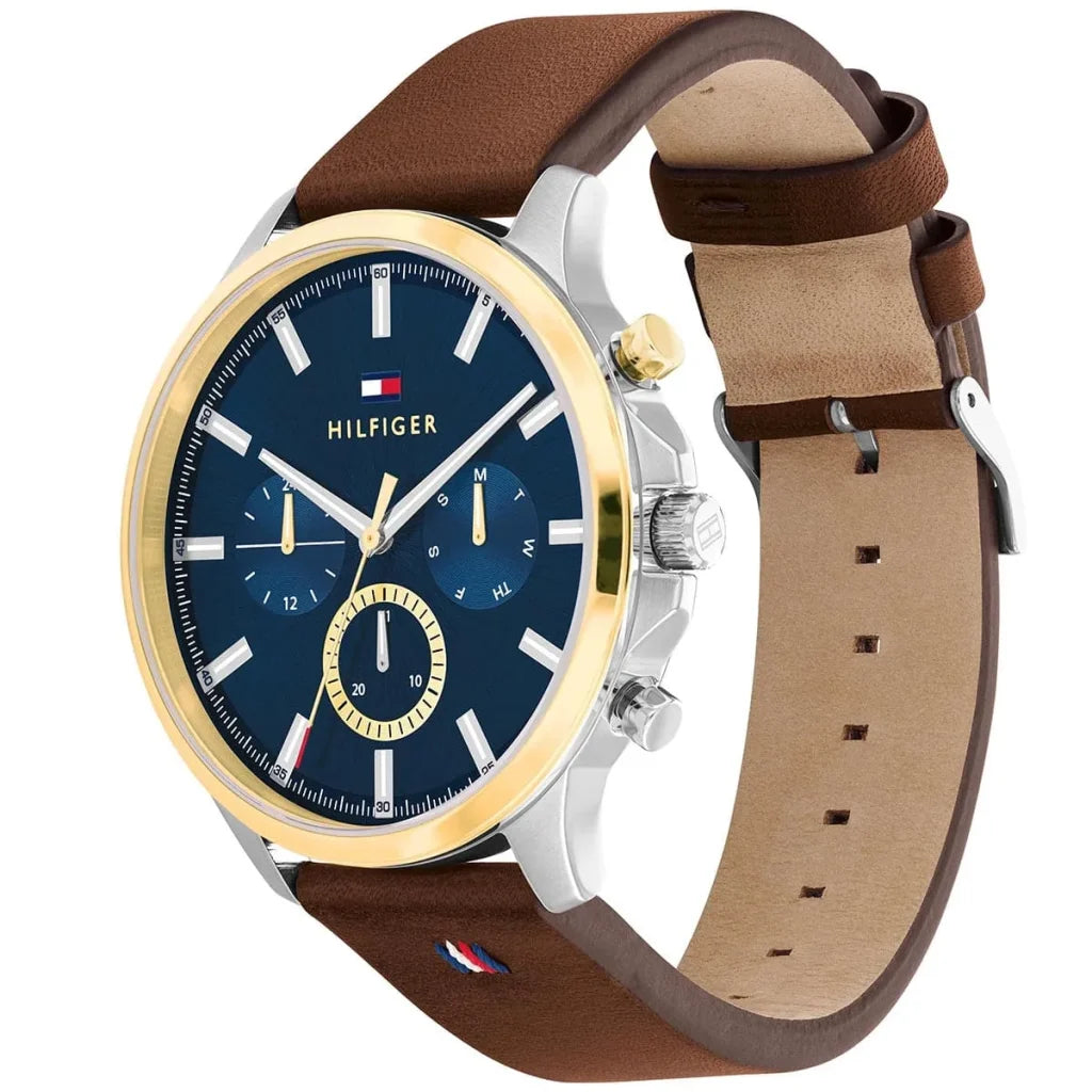 Tommy Hilfiger Men’s Quartz Brown Leather Strap Blue Dial 44mm Watch 1710496