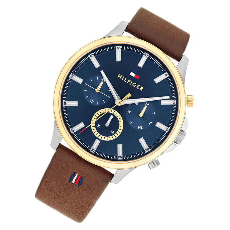 Tommy Hilfiger Men’s Quartz Brown Leather Strap Blue Dial 44mm Watch 1710496