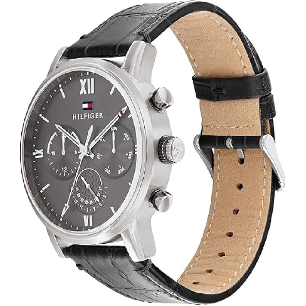 Tommy Hilfiger Men’s Quartz Black Leather Strap Grey Dial 44mm Watch 1791883