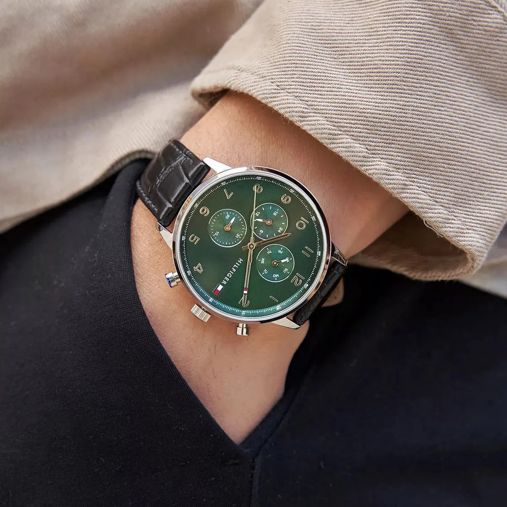 Tommy Hilfiger Men’s Quartz Black Leather Strap Green Dial 44mm Watch 1791985
