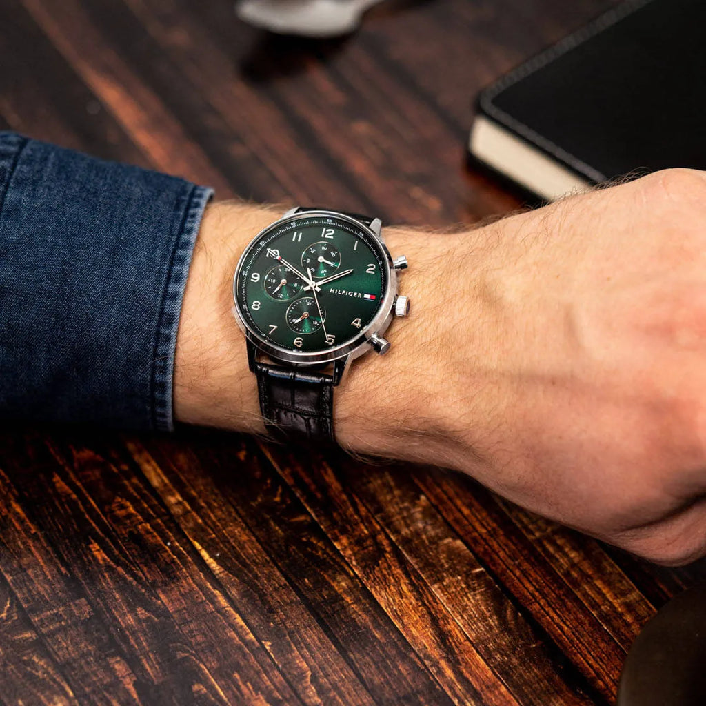 Tommy Hilfiger Men’s Quartz Black Leather Strap Green Dial 44mm Watch 1791985