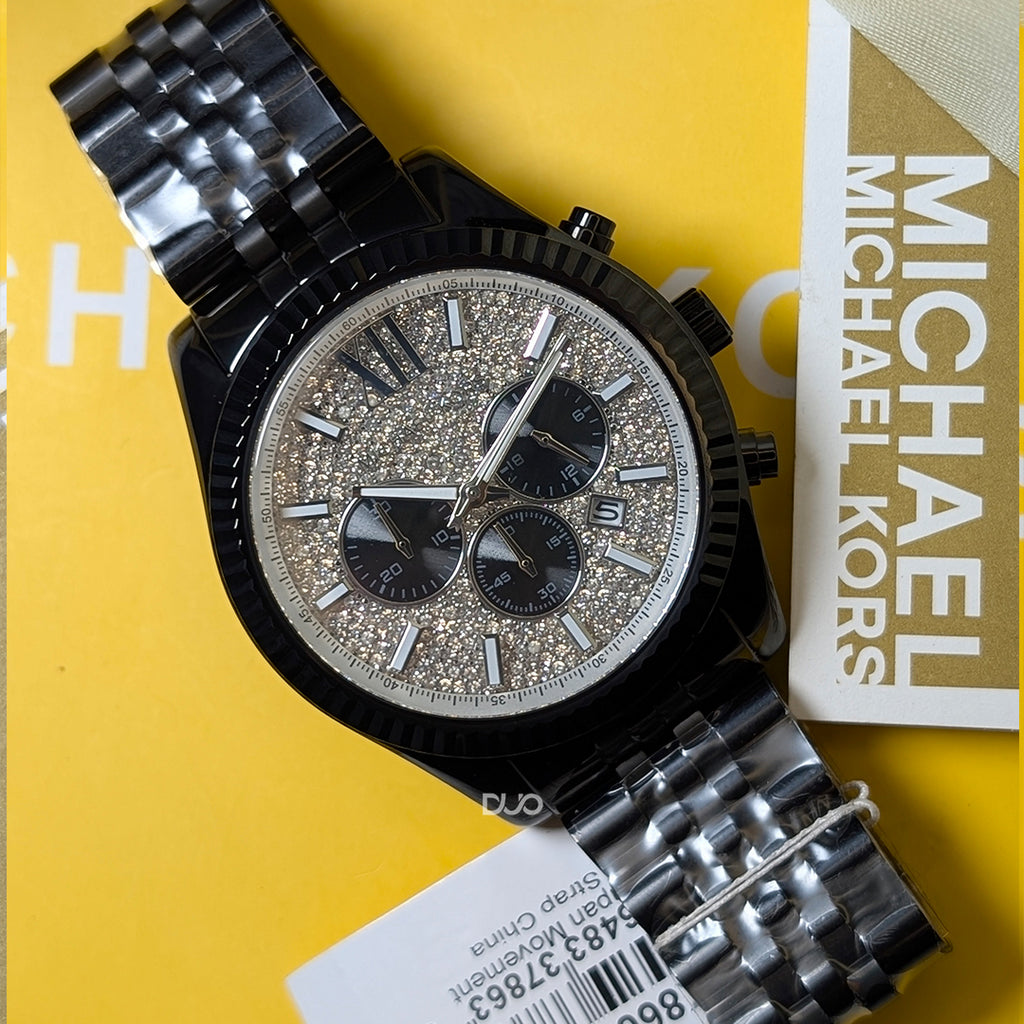 Michael Kors Men’s Quartz Lexington Chronograph Black Stainless Steel Silver Dial 45mm Watch MK8605