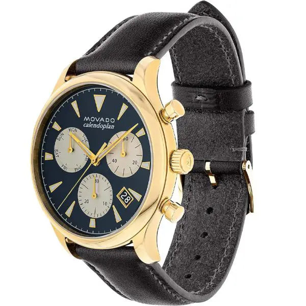 Movado Men’s Swiss Made Quartz Black Leather Strap Navy Blue Dial 43mm Watch 3650006
