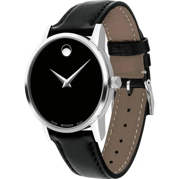 Movado Women’s Swiss Made Quartz Black Leather Strap Black Dial 28mm Watch 607274