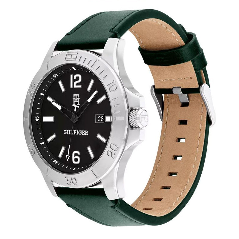 Tommy Hilfiger Men’s Quartz Green Leather Strap Black Dial 46mm Watch 1710531