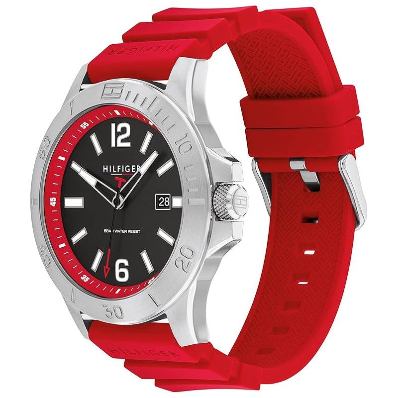 Tommy Hilfiger Men’s Quartz Red Silicone Strap Grey Dial 46mm Watch 1710540