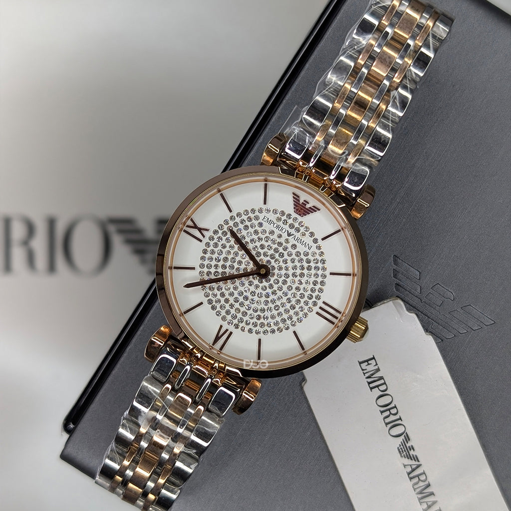 EMPORIO ARMANI Retro Two-tone Stainless Steel White Dial Quartz Watch for Women- EMPORIO ARMANI AR1926