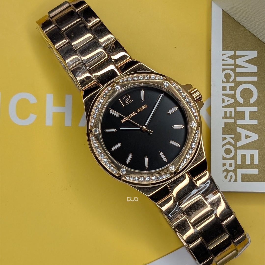 Michael Kors Women’s Quartz Rose Gold Stainless Steel Black Dial 37mm Watch MK7233