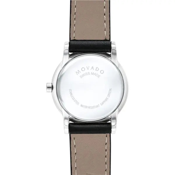 Movado Women’s Swiss Made Quartz Black Leather Strap Black Dial 28mm Watch 607274