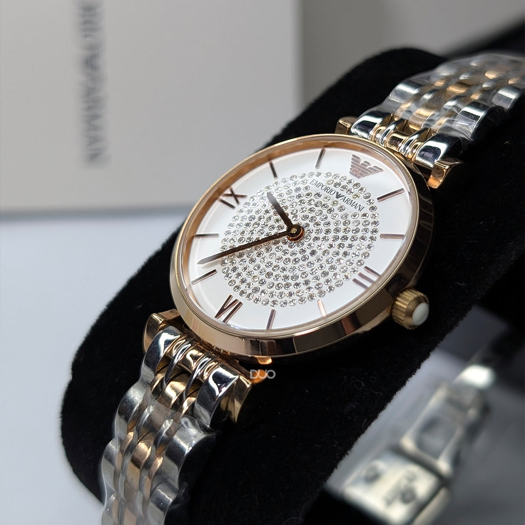 EMPORIO ARMANI Retro Two-tone Stainless Steel White Dial Quartz Watch for Women- EMPORIO ARMANI AR1926