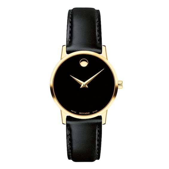 Movado Women’s Quartz Swiss Made Leather Strap Black Dial 28mm Watch 607275