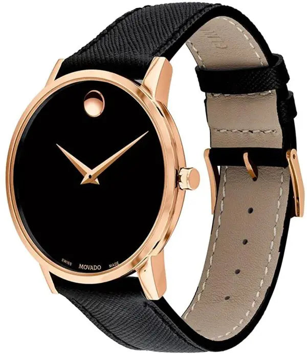 Movado Men’s Quartz Swiss Made Leather Strap Black Dial 40mm Watch 607196