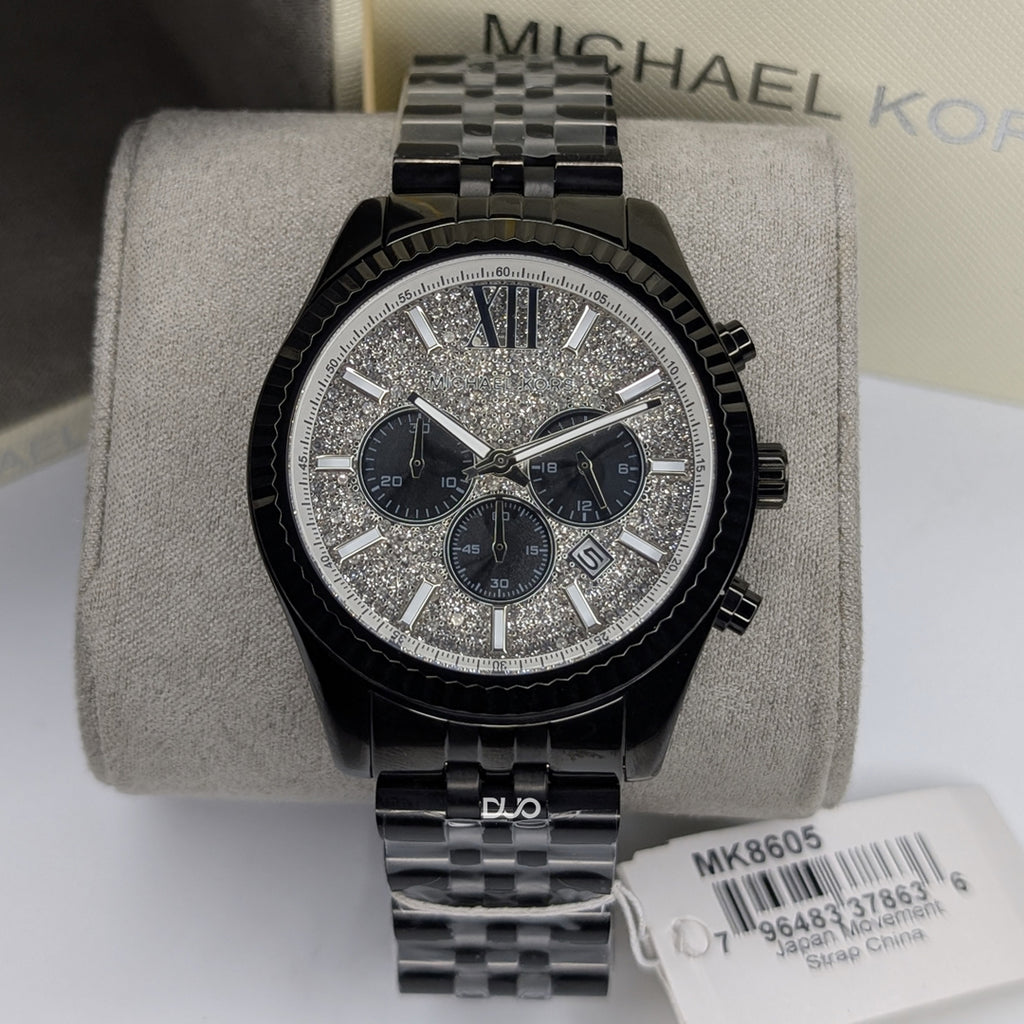 Michael Kors Men’s Quartz Lexington Chronograph Black Stainless Steel Silver Dial 45mm Watch MK8605