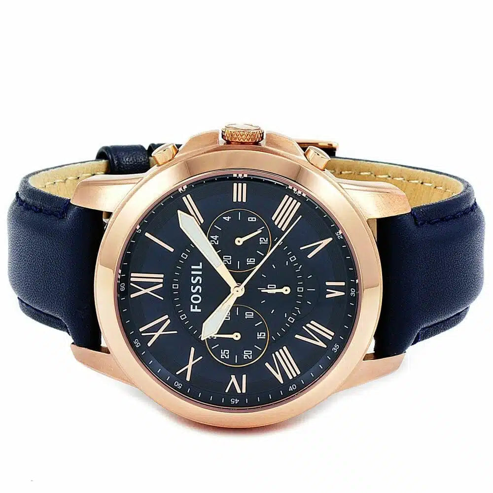 Fossil Men’s Quartz Chronograph Blue Leather Strap Blue Dial 44mm Watch FS4835