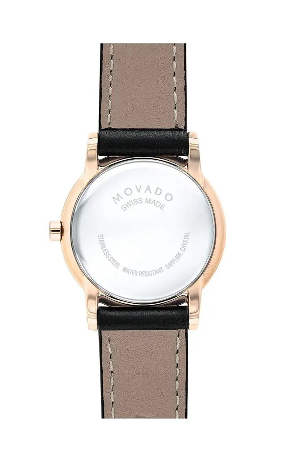Movado Women’s Swiss Made Quartz Leather Strap Black Dial 28mm Watch 607276