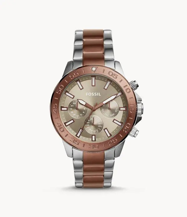 Fossil Men’s Chronograph Two-tone Stainless Steel Silver Brown Dial 45mm Watch BQ2502