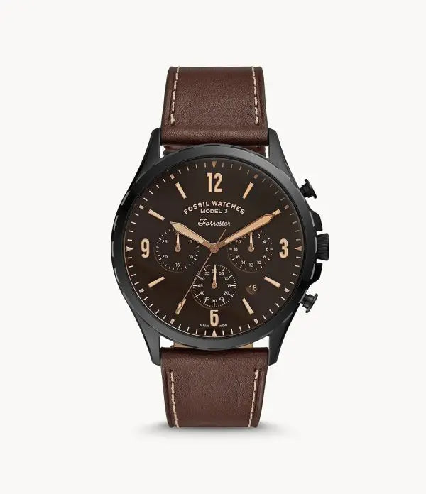 Fossil Men’s Chronograph Quartz Leather Strap Black Dial 46mm Watch FS5608