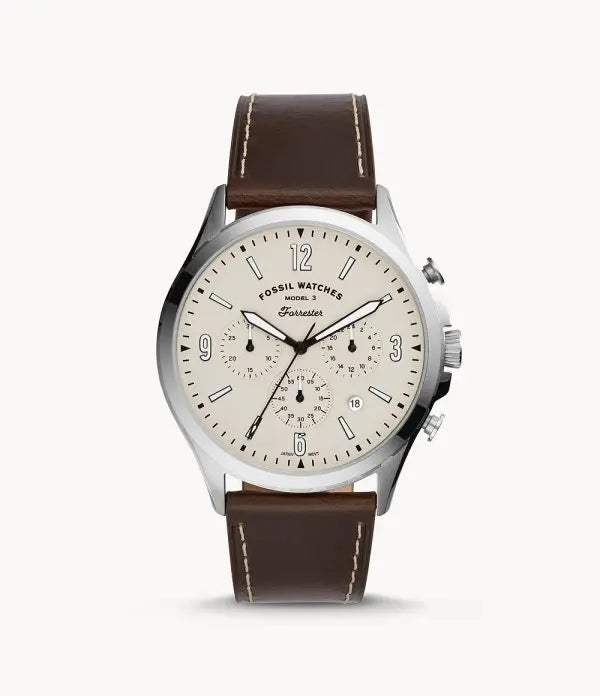 Fossil Men’s Chronograph Quartz Leather Strap Beige Dial 46mm Watch FS5696