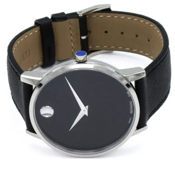 Movado Men’s Quartz Swiss Made Leather Strap Black Dial 40mm Watch 607194