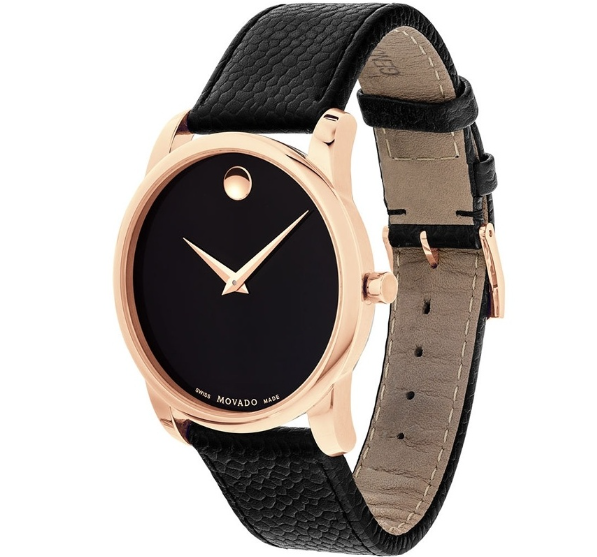 Movado Men’s Quartz Swiss Made Leather Strap Black Dial 40mm Watch 607060