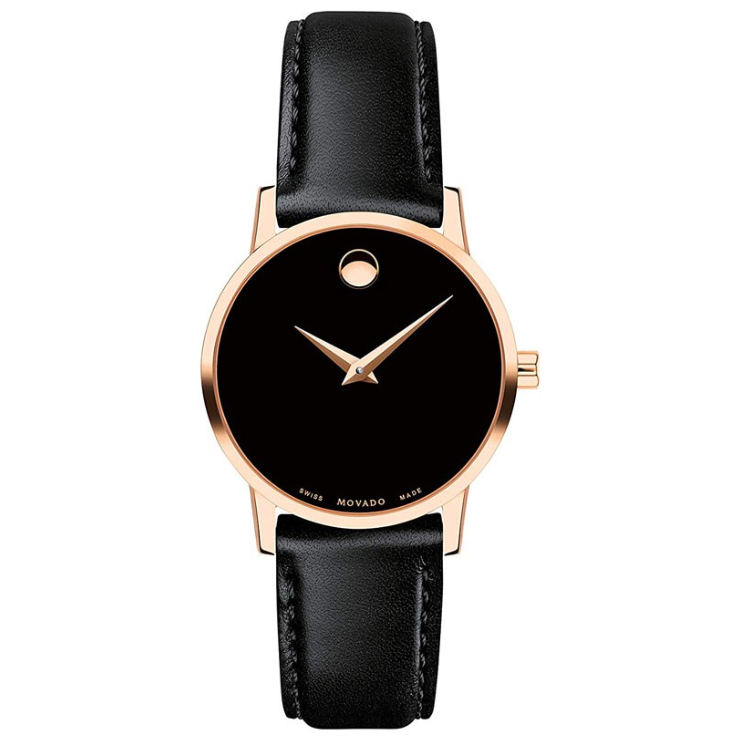 Movado Women’s Swiss Made Quartz Leather Strap Black Dial 28mm Watch 607276