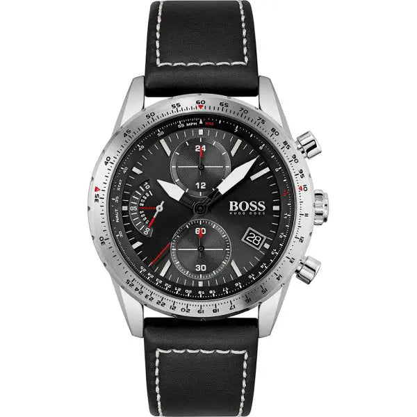 Hugo Boss Men’s Quartz Leather Strap Black Dial 44mm Watch 1513853