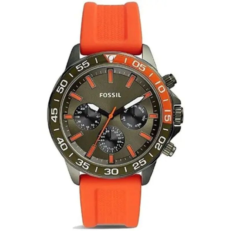 Fossil Men’s Chronograph Quartz Orange Silicone Strap Green Dial 45mm Watch BQ2500