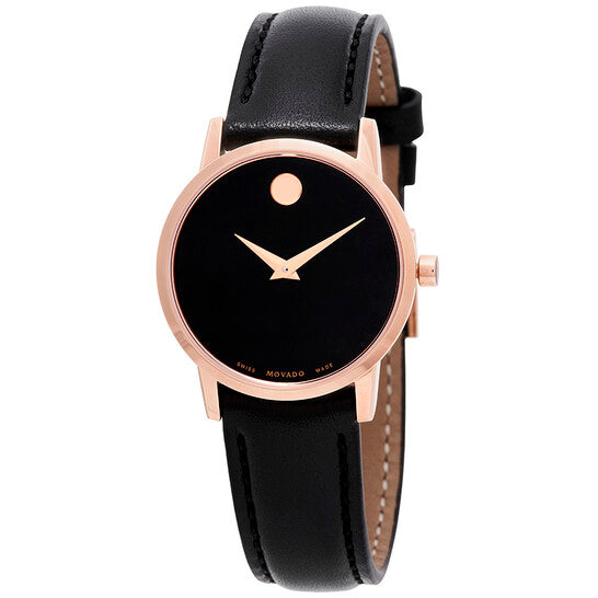 Movado Women’s Swiss Made Quartz Leather Strap Black Dial 28mm Watch 607276
