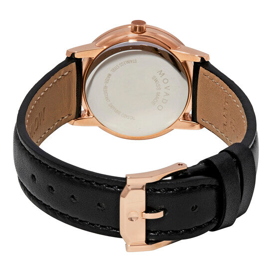 Movado Women’s Swiss Made Quartz Leather Strap Black Dial 28mm Watch 607276