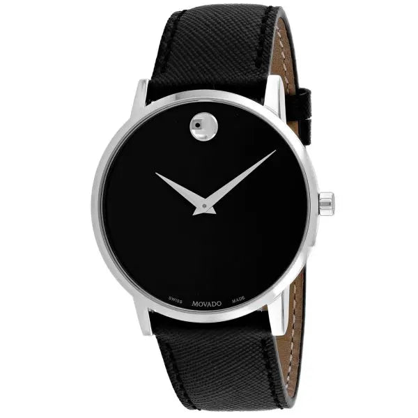 Movado Men’s Quartz Swiss Made Leather Strap Black Dial 40mm Watch 607194
